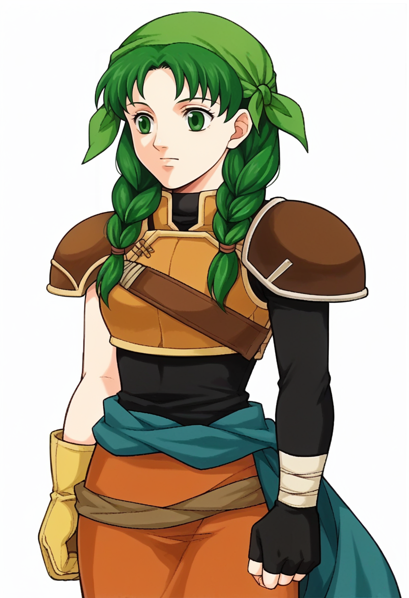score_9, score_8_up, score_7_up, source_anime, BREAK <lora:zs_FE9PortraitsXL:1> fe9portraits, solo, cowboy shot, simple background, 1girl, <lora:fireemblem_rebecca_ponyXL:1> ferebecca, twin braids, bandana, sleeveless, breastplate, shoulder armor, asymmetrical gloves, fingerless gloves, skirt