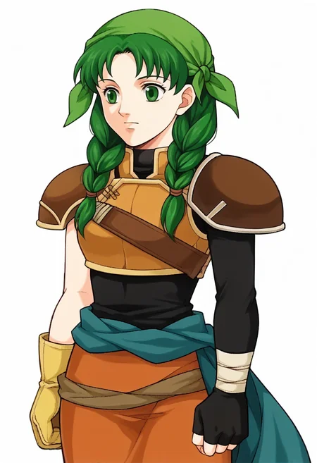 score_9, score_8_up, score_7_up, source_anime, BREAK <lora:zs_FE9PortraitsXL:1> fe9portraits, solo, cowboy shot, simple background, 1girl, <lora:fireemblem_rebecca_ponyXL:1> ferebecca, twin braids, bandana, sleeveless, breastplate, shoulder armor, asymmetrical gloves, fingerless gloves, skirt