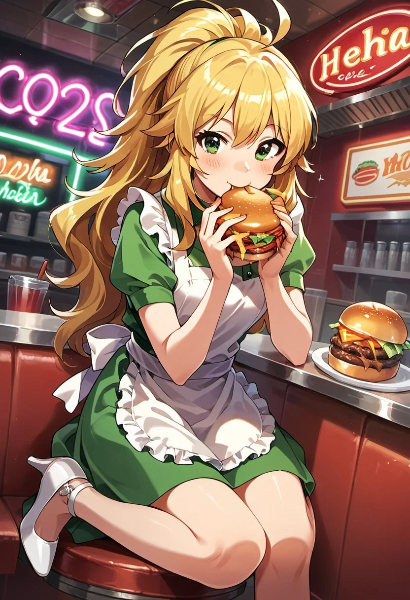 score_9, score_8_up, score_7_up, source_anime, hoshii miki, long hair, blonde hair, ahoge, green eyes, 1girl, solo, burger, food, dress, looking at viewer, blush, ponytail, apron, high heels, neon lights, eating