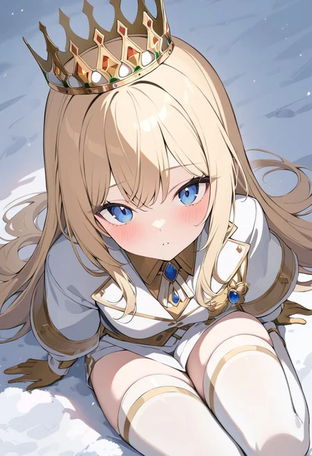 (masterpiece, best quality, newest), 1girl, , absurdres, portrait, regal, blonde, long hair, short, crown, white dress, white cape, gold vest, white shoes, gold gloves, short pants, sitting on floor, looking at viewer, from above, blue eyes, winter, snow, heavy wind, fog, cold, white stockings, white score_9, score_8_up, score_7_up, heavy snow, solemn