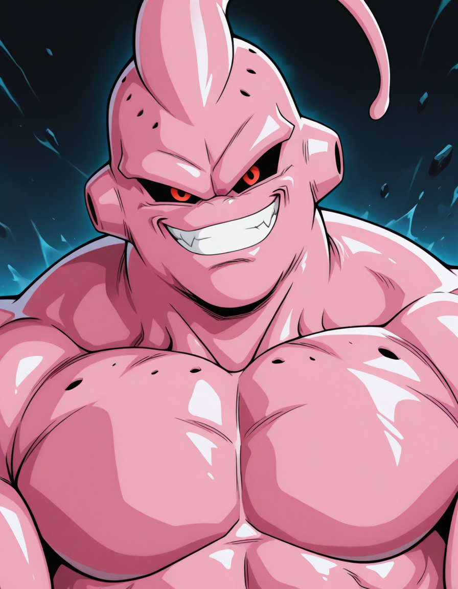 masterpiece, best quality, amazing quality, <lora:Super_Buu_IL:1>, SuperBuu-ARAI-IL, 1boy, male focus, pink skin, solo, black sclera, red eyes, muscular, grin, pecs, looking at viewer, close up, <lora:cfg_scale_boost:0.4>