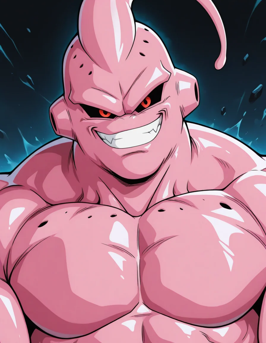 masterpiece, best quality, amazing quality, <lora:Super_Buu_IL:1>, SuperBuu-ARAI-IL, 1boy, male focus, pink skin, solo, black sclera, red eyes, muscular, grin, pecs, looking at viewer, close up, <lora:cfg_scale_boost:0.4>