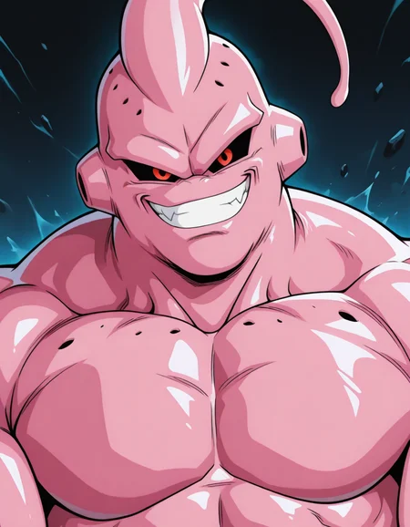 masterpiece, best quality, amazing quality, <lora:Super_Buu_IL:1>, SuperBuu-ARAI-IL, 1boy, male focus, pink skin, solo, black sclera, red eyes, muscular, grin, pecs, looking at viewer, close up, <lora:cfg_scale_boost:0.4>