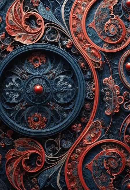 photo of a paisley pattern, boteh, paisley, navy blue, madder red, almond, entwined paislies, official art, aesthetic, dynamic angle, hyper detailed, order and chaos, dark colors, (extremely detailed, intricate details, masterpiece, best quality, 8k wallpaper:1.4), dramatic lighting, (dark blue and madder red palette:1.2), twisting paisley