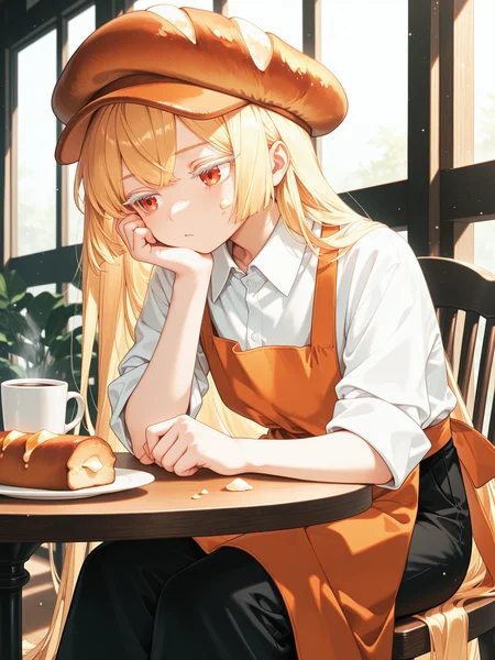 <lora:CR_BPC:1> CR_BPC, 1girl, very long hair, bread cabbie hat, collared shirt, sleeves rolled up, black pants, orange apron, food on face, <lora:cfg_scale_boost:0.5> <lora:spo_sdxl_10ep_4k-data_lora_webui:0.4> white eyelashes, coffee, cup, averting eyes, bored, table, on chair, cafe, light particles, [[lazypos]] <lora:omoyunakyu715-_style_Illustrious:0.3> omoyu_nakyu715 <lora:retrocute:0.3>. head rest,