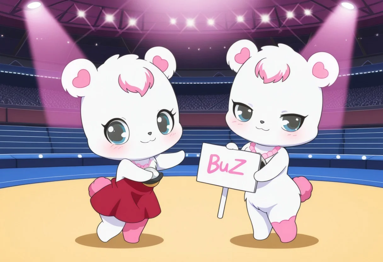 best quality, masterpiece, smirks, Full Body, Romantic, Small Body, Furry, looking_pleasured, labrajp, chibi, feral, multicolored hair, pink tail, tufted fur, furry, one pink leg, necklace, bear, red dress, spot light, holding sign, writing " buzz dance", on stage, music stadium, dancing on stage, (((adorable pose))), cuteness, smile at view, buzz on sign,