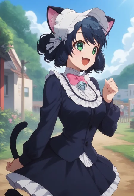 score_9, score_8_up, score_7_up, professional anime,1girl,solo,(Cyan from Show by rock!),perfect body,short girl,petite,<lora:show_by_rock_cyan:1>,1girl, short hair, black hair, green eyes, cat ears, cat tail, short dress, pink bowtie, long sleeves, bonnet, curly hair,medium breasts,happy,jumping