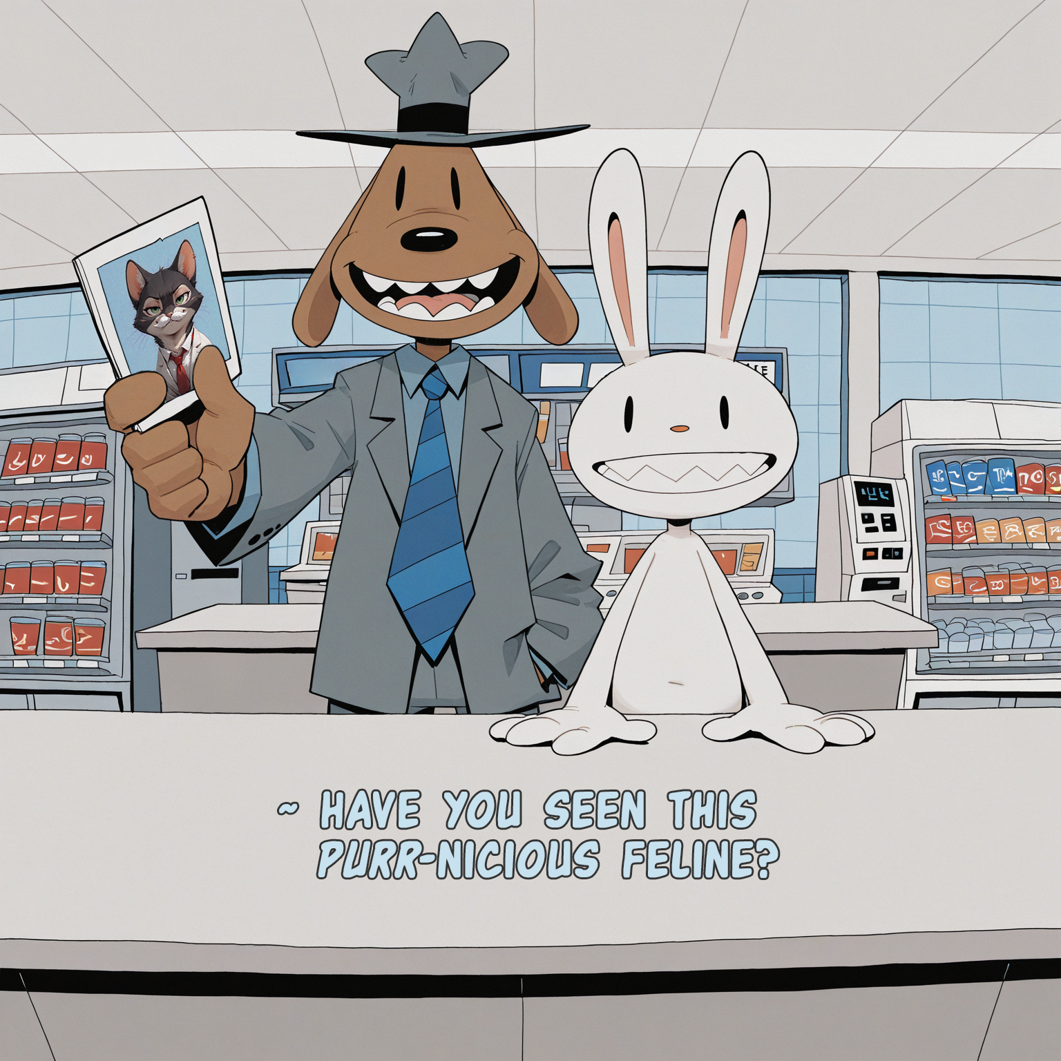 0huton_illu, safe, (masterpiece, best quality), amazing quality, very aesthetic, absurdres, highres, newest, front view, straight-on, 
convenience store, freezer, shelves, ramen, drinks, soda, window, inside, counter, <lora:0hu_ton:1>  <lora:Sam:1> <lora:Max-000002:1>
2boys, side-by-side, ((size difference)), foreshortening, four fingers,
SEP,
2boys, samuel dog, sam \(sam & max\), furry, dog man, solid oval eyes, no sclera, snout, dog nose, round teeth,  tall, gray suit, gray hat, blue striped tie, happy, standing behind counter, ((outstretched arm)), holding photo, incoming object, looking at viewer, talking, open mouth,
SEP,
2boys, max rabbit, max \(sam & max), furry, rabbit man, white fur, solid oval eyes, no sclera, short, sharp teeth,standing behind counter, looking at viewer,
INPAINTING,
masterpiece, best quality, amazing quality, m0use_istyle, (toon:0.7), 1boy, aged up, black cat boy, black fur, two-toned fur, feral, green eyes, fake mustache, sneer, scar under eye, ear piercing, looking at viewer, cat ears, cat hands, white tuxedo, red tie, untied tie, simple background, close-up, straight-on, <lora:Illustrious_0.7.2:0.8>