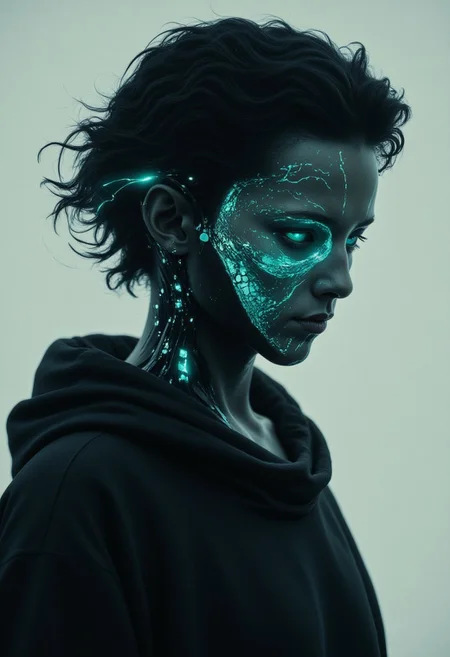 She moves with an eerie, fluid grace, Chiaroscuro Lighting Style, an ethereal blend of organic beauty and advanced technology. Her glowing, cyborg skin pulses with electric blue lines, shifting like the circuitry of a living neural network. With every step, the intricate patterns on her face seem to shift, her hollow eyes glowing with an unsettling, all-knowing aura, as if she is seeing beyond the physical realm. The deep gradient of her skin—from white to pale blue—glows softly, flickering with subtle digital glitches that suggest an intelligence far beyond human.
A trace of humanity lingers in her, an unexpected contrast. partially covered in shadows, The faintest hint of a rugged, slightly muscular form can be seen beneath the smooth, digital surface, like a shadow of a man interwoven with her cybernetic being. Her hair, a tangle of static-like strands, falls loosely over her glowing face, revealing one sharp, piercing eye that gleams with intensity and mischief. A sly grin plays across her lips, an intriguing mix of charm and danger.
The soft monitor light that casts across her creates a haunting ambiance, highlighting the fusion of organic and technological textures. Her attire—an oversized vintage black hoodie paired with sleek, glowing elements—blends seamlessly with the sophisticated yet raw energy of her presence. Each movement is deliberate, a perfect harmony of man and machine, captivating in its unsettling beauty and unreachable depth.