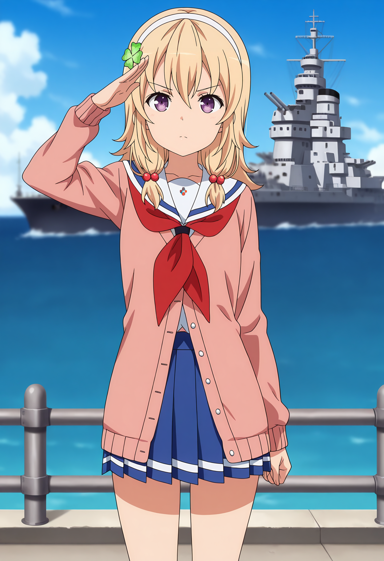 anime screencap, masterpiece, best quality,
<lora:HighSchoolFleet_WakasaReo_IlluXL:0.9>,
1girl, solo, serious,
low twintails, long hair, blonde hair, purple  eyes, white hairband, four-leaf clover hair ornament, hair bobbles,
white sailor collar, pink cardigan, red neckerchief, long sleeves, pleated skirt, blue skirt,
salute, standing, looking at viewer, cowboy shot, legs,
horizon, dock, outdoors, battleship, warship, blue sky, blurry background