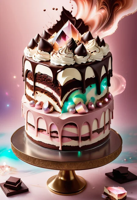 a tiramisu cake with melted chocolate, pink mist and cocoa powder, detailed with light pink aura quartz by jed-auraquartz