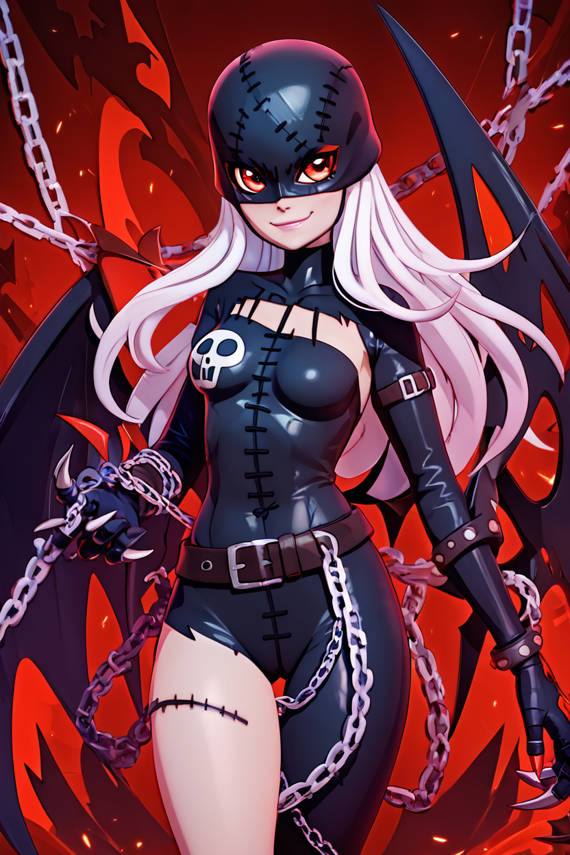 score_9, score_8_up, score_8, medium breasts, (curvy), cute, eyelashes,       BREAK, ,  zzLadyDevi, chain, belt, stitches, claws, gloves, wings, asymmetrical clothes, bodysuit, <lora:LadyDevimon_Digimon_PDXL:0.8>,  , BREAK, smile, closed mouth, looking at viewer, cowboy shot,  ,,, embedding:zPDXL, Expressiveh, ,,, <lora:MantisStyle_PDXL_v2:0.8>, <lora:SDXLFaeTastic2400:0.5>, <lora:Expressive_H-000001:0.4>,