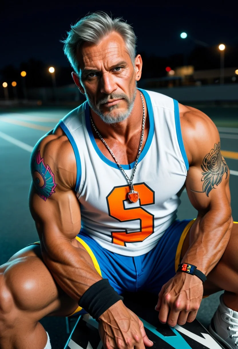 score_9, score_8_up, score_7_up, score_6_up, dark background, nighttime, night, dark lowlight photography, realistic, old male, pov from side, old granddad, thin, tall, tanned skin, colorful tattoos, heavy metal rock tattoos, strong tan, wearing blue long cargoshorts, 3/4 cargoshorts, skater, sweatbands, loose white muscleshirt, v-neck sleeveless tshirt, hairy armpits, old granddad, wrinkles, silver chainnecklace, orange crystal pendant,
at the beach, near ocea, sand, skatepark,
sitting on a skateramp, sitting at edge, relaxed pose, one hand on knee, looking directly at viewer, closeup portrait, seen from above,