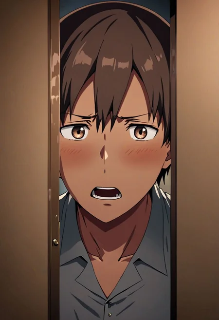 high resolution, solo, best quality, 1Boy, Takaki Toono, Brownish Hair, Brown Eyes, surprised, peeking out, OverallDetail