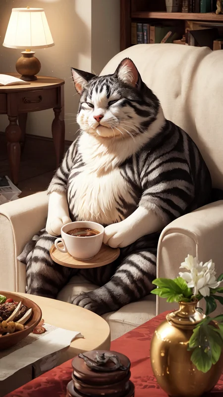 (pixar:1.2),
A 3D render of a chubby, overfed cat lounging on a cozy pillow, its belly round and full from overeating. The cat has a content, sleepy expression with half-closed eyes. The scene is set in a warmly lit, comfortable living room with soft lighting and detailed textures. A bowl of empty cat food sits nearby, indicating the feast. The background includes a plush sofa, a coffee table with books and a lamp, and a window with sunlight streaming in, casting soft shadows. The composition captures the humorous and endearing mood of the scene, with realistic textures, intricate lighting, and expressive character features. Proper and natural anatomy, with attention to detail in the catâs fur and the roomâs elements.
<lora:baclight_slider_v10:-1> <lora:add_sharpness:2>