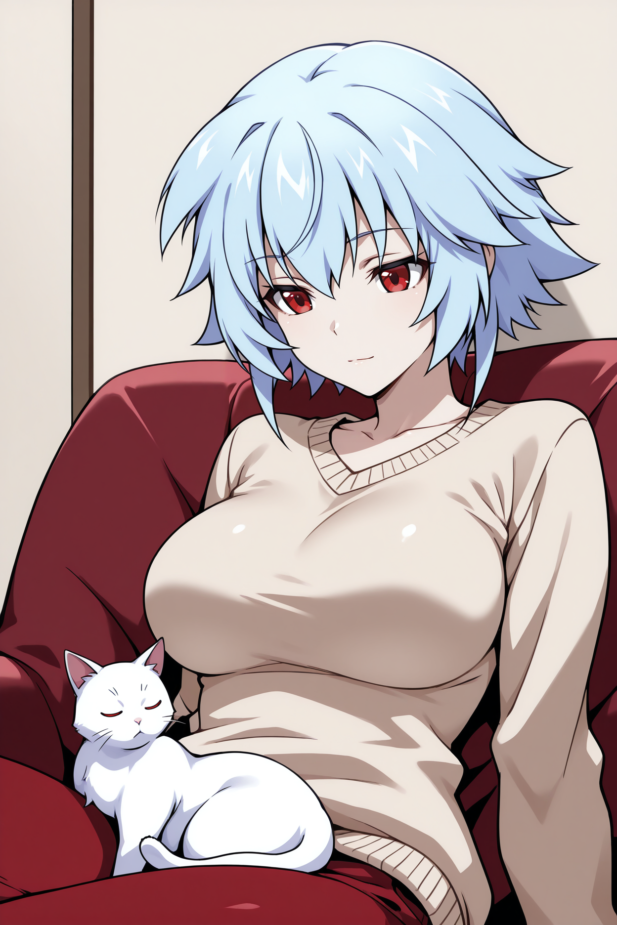 masterpiece, best quality, 1girl, solo, <lora:tatenashi-illu-nvwls-v1-000006:1> tnshi, light blue hair, short hair, red eyes, large breasts, beige sweater, red pants, sitting, cat, leaning back, bored, light smile, cat in lap