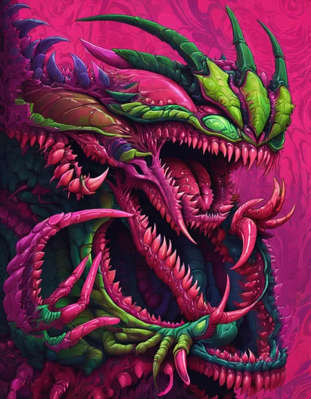 <lora:brho:0.6>brho, hyperbeast mantis, claws, sharp teeth, pink green spiral background