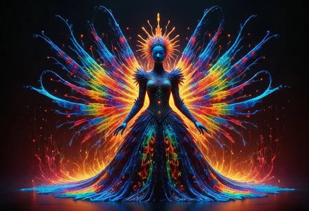 a full body fire entity with multicolored flames, professional photography of an fantastical warrior princess entirely made of cyberflies with whimsical elements, swirling magic, eerie fairytale landscape, elaborate fantasy style art, very colorful, intricate details, ultra sharp, exquisite detail, flawless composition, vivid colors, masterpiece, exciting background, TAS, TASvisuals, Psychedelic , Rave, Elaborate , Blacklight , Vibrant , cyberflies, black light paint, blp, Colorful Chaos Cracks and Drops, mad-glowtiedye, made out of,colorful,liquid,Murano Art Glass