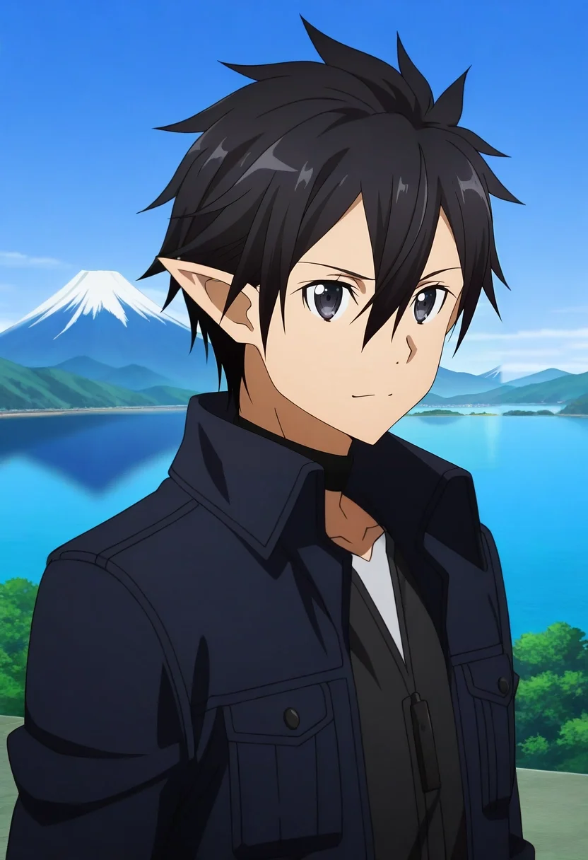 masterpiece, best quality, , anime screencap, anime coloring, official style, , 1boy, solo, male focus, <lora:kazuto_kirigaya_ilxl:0.9>, kazuto_kirigaya, black hair, black eyes, short hair, hair between eyes, pointy ears, sao-alo, kirito \(sao-alo\), Mount Fuji, Japan, snow-capped peak, tranquil lake, serene pose, peaceful expression, soft light, gangster costume