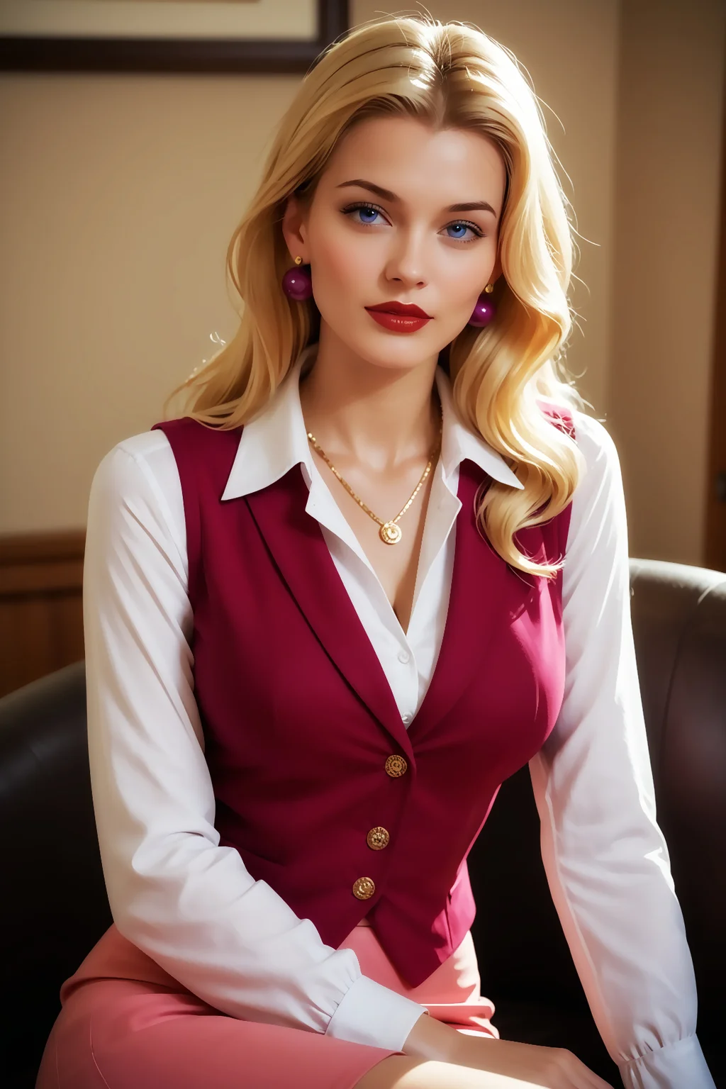 masterpiece, best quality, highly detailed, score_9, score_8_up, score_7_up, score_6_up, perfect hands, dynamic angle, beautiful girl, solo, imtdfeliciacasual, blonde hair, pink earrings, purple earrings. long hair, lipstick, red lips, vest, shirt, gold flat necklace, parted bangs, collared shirt, pink skirt, blue eyes, long sleeves, ball purple earrings, buttons, wide hips, large breast, sexy, sitting, seductive, rest, indoor, beautiful background