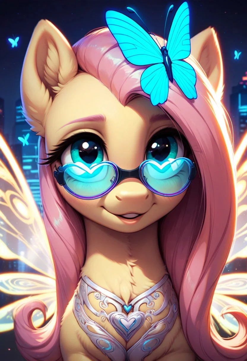 core_9, score_8_up, score_7_up, score_5_up, source_anime, Fluttershy, pony with glowing butterfly-like mechanical wings, vibrant neon colors, wearing glowing heart-shaped glasses, futuristic city background with a soft purple and blue glow, detailed lighting, soft fur texture, close-up focus, serene and confident expression, glowing tattoo on her shoulder resembling wings, sparkling night atmosphere, dynamic lighting effects, elegant hairstyle