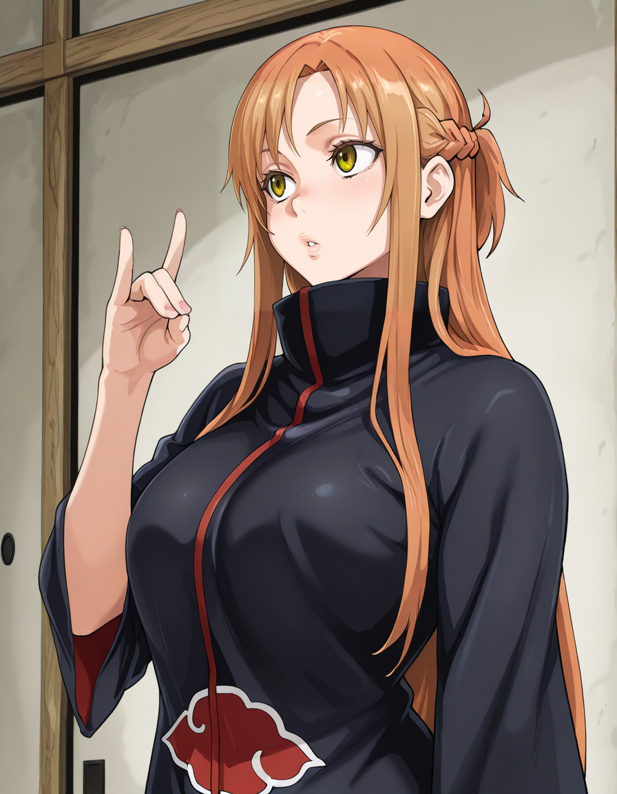 <lora:iwaoCIVITAI:0.5>, iwao178, uncensored, <lora:Artist_Style_-_Teracu_MC_ILXL:0.25>, terasuMC, <lora:milf_hunter_manhwa_ILXL_goofy:0.25>, <lora:MyLifeAsALoser_illustrious_Leaf2:0.25>, mlaal, <lora:mamimi_mamamimi_style_illustrious_goofy:0.25>, <lora:Asanagi_Illustrious:0.25>, asanagi, <lora:Magnetus Style Ill V2:0.25>, artist:magnetus, magnetus, digital media \(artwork\), (masterpiece, best quality, ultra-detailed, absurdres, newest, detailed textures, correct anatomy:1), asuna \(sao\), brown eyes, [ brown | orange ] hair, french braid, medium breasts, parted bangs, sidelocks, half updo , <lora:akatsuki_uniformILL:1>, akatsuki_uniform, long jacket, cloak, high collar, kuji-in, ninja_hand_gesture