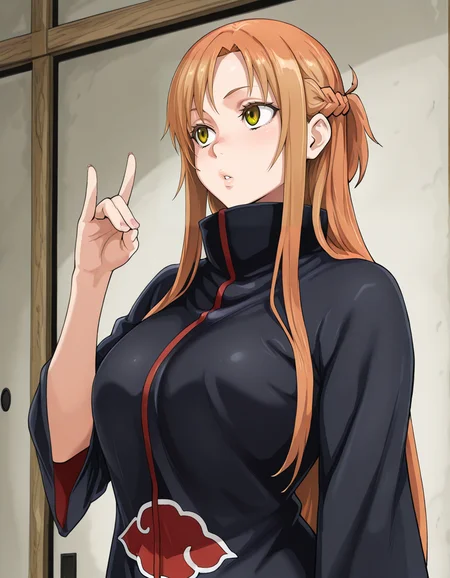 <lora:iwaoCIVITAI:0.5>, iwao178, uncensored, <lora:Artist_Style_-_Teracu_MC_ILXL:0.25>, terasuMC, <lora:milf_hunter_manhwa_ILXL_goofy:0.25>, <lora:MyLifeAsALoser_illustrious_Leaf2:0.25>, mlaal, <lora:mamimi_mamamimi_style_illustrious_goofy:0.25>, <lora:Asanagi_Illustrious:0.25>, asanagi, <lora:Magnetus Style Ill V2:0.25>, artist:magnetus, magnetus, digital media \(artwork\), (masterpiece, best quality, ultra-detailed, absurdres, newest, detailed textures, correct anatomy:1), asuna \(sao\), brown eyes, [ brown | orange ] hair, french braid, medium breasts, parted bangs, sidelocks, half updo , <lora:akatsuki_uniformILL:1>, akatsuki_uniform, long jacket, cloak, high collar, kuji-in, ninja_hand_gesture