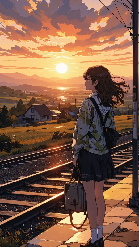 High-resolution anime-style illustration of a young woman standing on a quiet train platform at sunset, her long hair swaying gently in the breeze. She holds a small travel bag, gazing into the distance as the golden light reflects off the tracks. A soft expression of longing and anticipation rests on her face. In the background, a rural landscape unfoldsârolling hills, distant mountains, and a few scattered houses bathed in warm twilight hues. Smooth anime shading, delicate gradients, glowing highlights, crisp high-resolution textures, and cinematic depth create a breathtaking atmosphere <lora:Illustration_Style_IV:1.0>