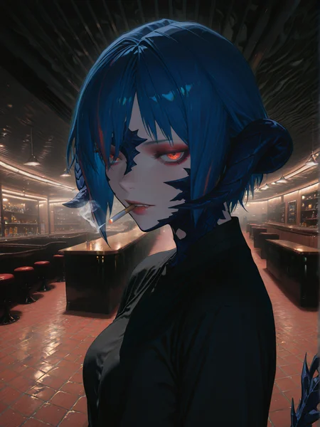 AU RA,<lora:éå¤ çå ill:0.6>,blue hair,short hair,red streaked hair,1girl,tail,smoke,cigarette,(close-up:0.6),front view,<lora:re4lity:0.7>,<lora:Sinozick_style:0.8>,re4lity_sync_illu,fisheye,foreshortening,scenery,photo background,makeup,bar,looking_at_viewer,facing_away,, masterpiece, best quality, amazing quality, very aesthetic, absurdres, newest, (volumetric lighting), To make the background more distinctive