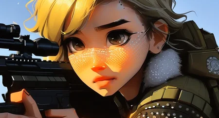 samdoesarts; an image of a proned woman with short blonde hair, (prone stance:1.2), with military gear, cargo pants, sniper rifle, black warpaint (intricate), (detailed), digital art