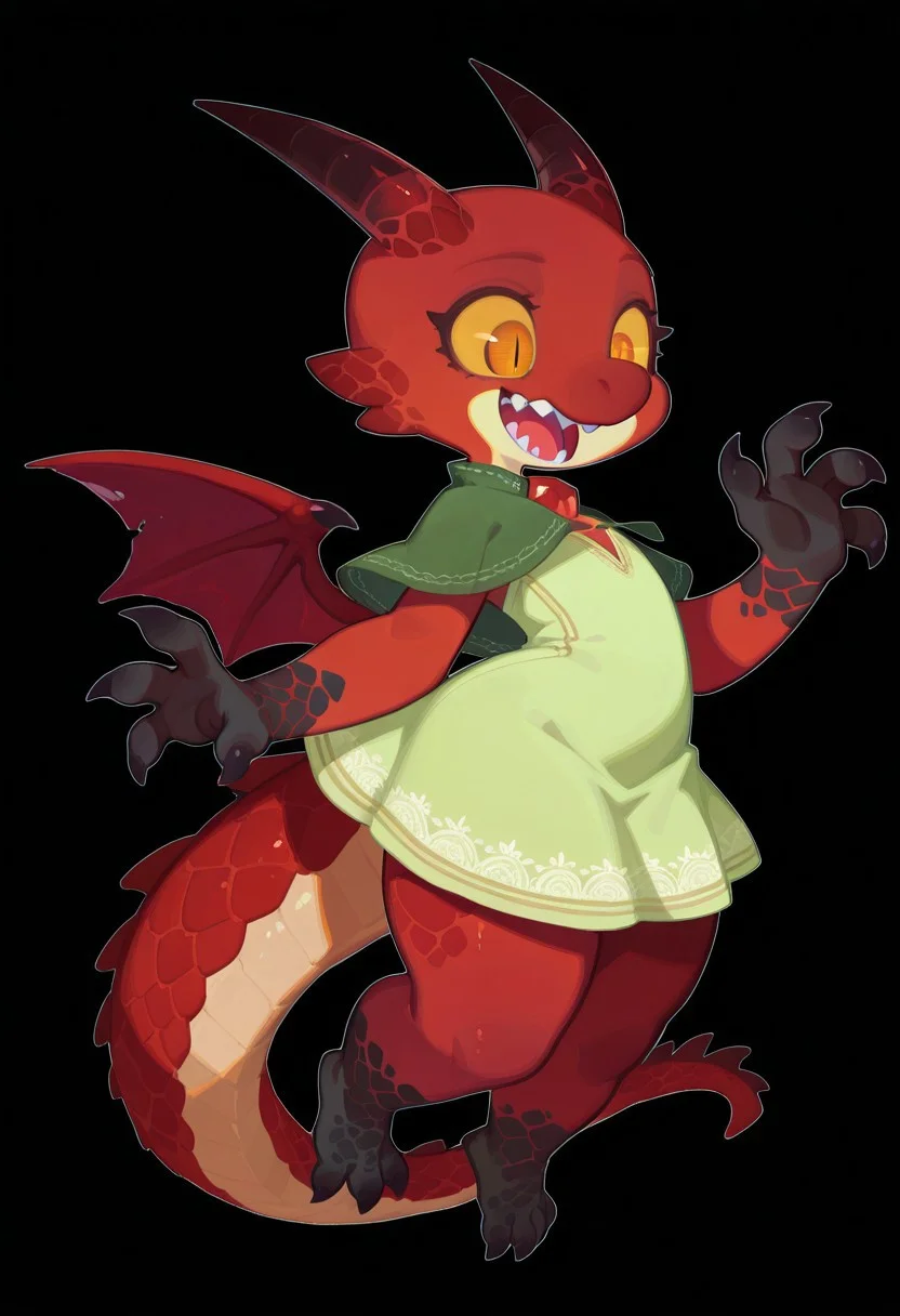 F3n6l1, masterpiece, very aesthetic, absurdres, (solo:1.5), expressive eyes, beautiful detailed eyes:1, fantasy medieval town, Masterpiece, best quality, amazing quality, very aesthetic, high resolution, dynamic pose, solo, black background, simple background, white outline, sticker_style, female anthro kobold, red kobold, shortstack, sharp teeth, thick thighs, scales, large gecko tail, two tone body, amber undertone, oversized tail, red crystals, amber_eyes, flat chest, small, sharp claws, (((blackened feet, blackened hands, ))) (((black claws))), amber underside, gradient colored limbs, dragon wings, kobold, yellow sclera, red wings, amber inner wing, excited, evil, open mouth, happy, tiny, chibi, short stature, bottom heavy, feral, ((short stack)), gold details, c0t0n0_illu, u3nomigi_illu, abstract, abstract shapes, halftone, slavic dress, silver trim, lace, dull-green dress, no lineart, 748cmstyle, flying, green capelet, long snout, straight horns, slit pupils, xmcshortstack, z0nkn3w