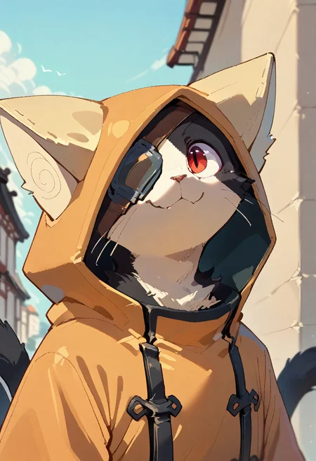 score_9,score_8_up,score_7_up,score_6_up,score_5_up,score_4_up,source_anime,male,kemono,solo,depth of field,ambient occlusion,cinematic lighting,smile,looking forward,sky,jubei,hoodie,red eyes,eyepatch,2 tails,cat,orange hoodie,animal hood,black fur,white fur,two-tone fur,4 toes,standing,pawpads,smile,katana,<lora:Jubei:0.8>,<lora:pony_pony_2_adamW:1>,full body,