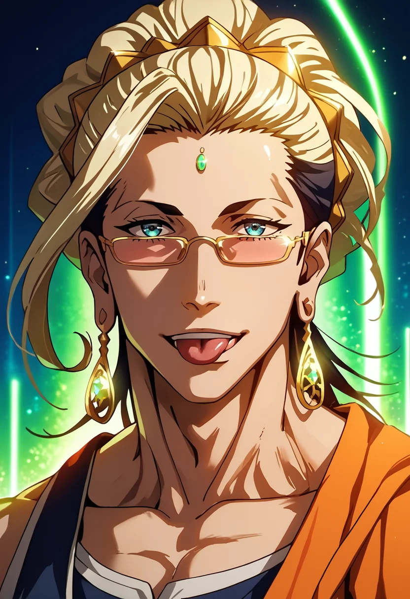 source_anime, (masterpiece), (best quality), score_9, score_8_up, score_7_up, (masterpiece:1.2), (best quality:1.3), <lora:Buddha_Record_of_Ragnarok-000005:0.8> 1boy, bdha_ror, glasses, jewelry, portrait, upper body, facing viewer, tongue out, masterful composition, dynamic movement, low-key lighting, lo-fi, glow, dynamic cinematic lighting, ray_tracing, global illumination <lora:Anime Style (Vauxz) PONY:0.8>