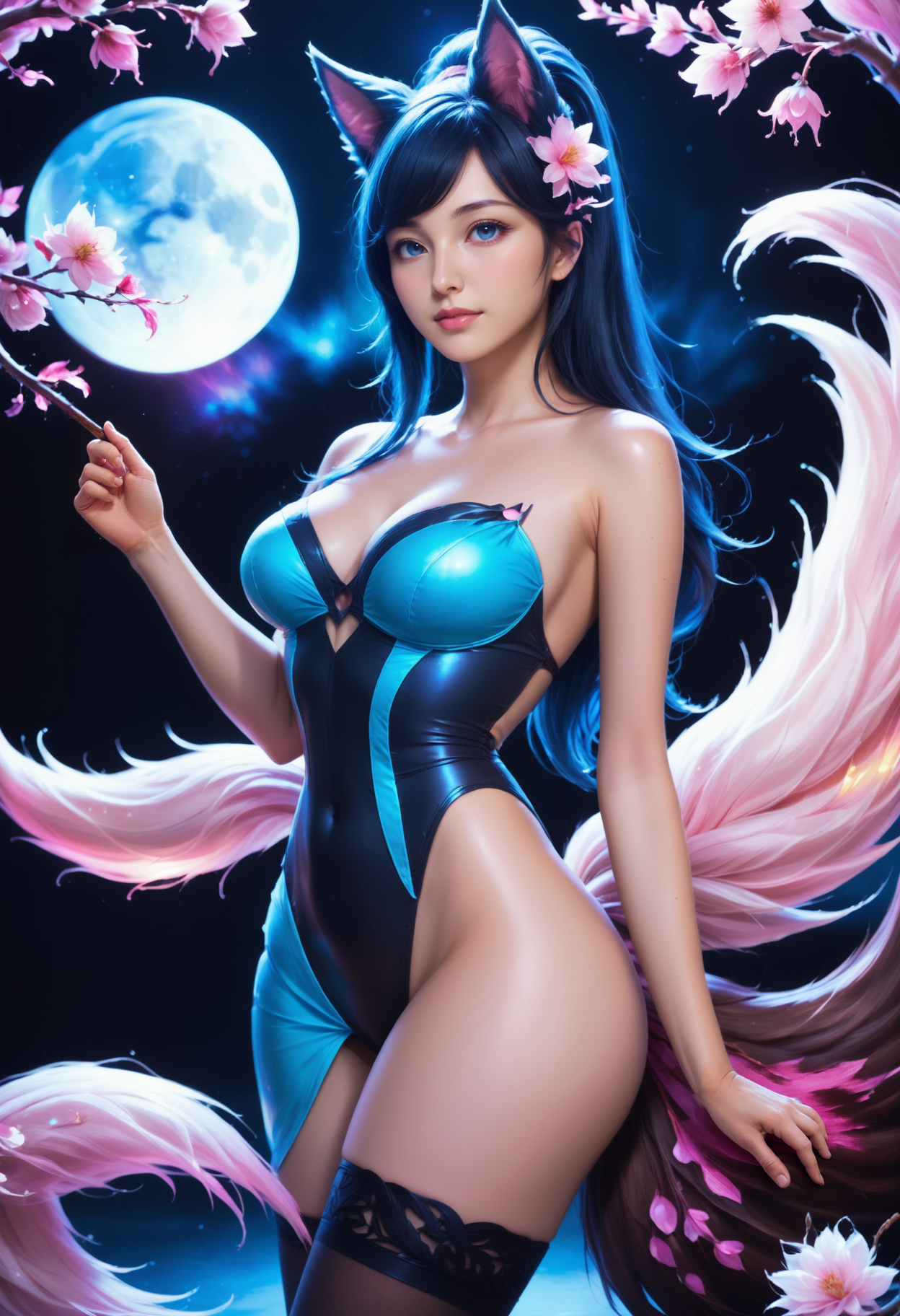 sideview, bluefoxeij <lora:bluefoxeijSDXL-000009:0.9>, posing, cherry blossom petals, flowers, night sky, cherry blossoms, dark, moonlight, dimmed light, from above, dynamic dramatic beautiful full taking, handsome, glossy, dynamic, vibrant, advanced cinematic perfect light, highly detailed, contemporary, woman with foxtails, moody lighting, <lora:Jedtailer:0.4>,