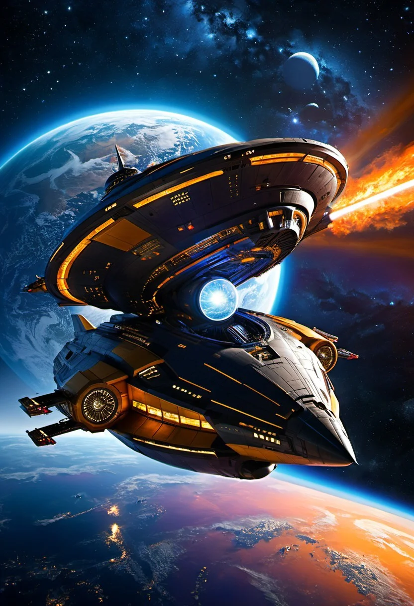 futurist spaceship, advanced propulsion system igniting, stars ahead blurring and stretching, planet earth in the background, faint glow of exotic energy envelops the ship symbolizing its transition into space, awe-inspiring wonder and excitement as ship's crew embarks on a journey to the unknown, thrill of discovery and exploration as the ship heads towards the infinite cosmos, Deep blues and purples for the darkness of space, nergetic oranges and yellows for the ship's energy and propulsion.