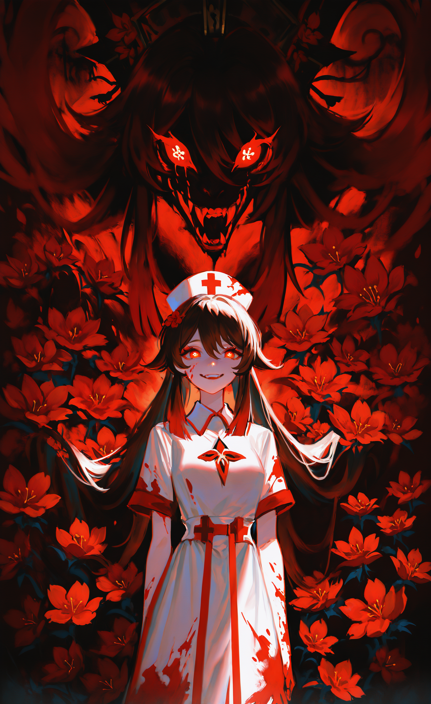 masterpiece, best quality, good quality, very aesthetic, absurdres, newest, hu_tao_\(genshin_impact\), 1girl, solo, long_hair, breasts, looking_at_viewer, smile, open_mouth, brown_hair, red_eyes, dress, hat, hair_between_eyes, very_long_hair, twintails, standing, flower, multicolored_hair, short_sleeves, sidelocks, red_hair, teeth, white_dress, symbol-shaped_pupils, gradient_hair, blood, white_headwear, glowing, fangs, red_flower, bright_pupils, tassel, red_background, glowing_eyes, white_pupils, blood_on_face, collared_dress, nurse_cap, hat_flower, blood_on_clothes, nurse, red_theme, blood_on_hands, flower-shaped_pupils, plum_blossoms <lora:ponyv5_noobE11_1_adamW-000013:0.8> <lora:USNR_STYLE_XL_lokr:1> <lora:EtherSDXL:0.3>