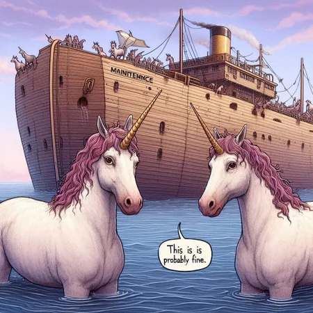 pair of unicorns, who didnt make it onto the ark, ship named "Maintenance", unicorns says "this is probably fine"