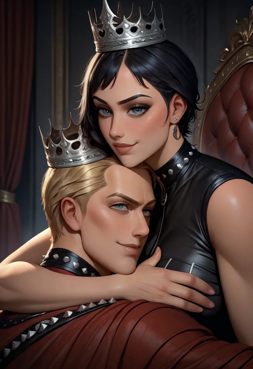 masterpiece, best quality, newest, absurdres, highres, 1girl, punk, 1boy, prince, crown, hug, , portrait, throne-room, wedding