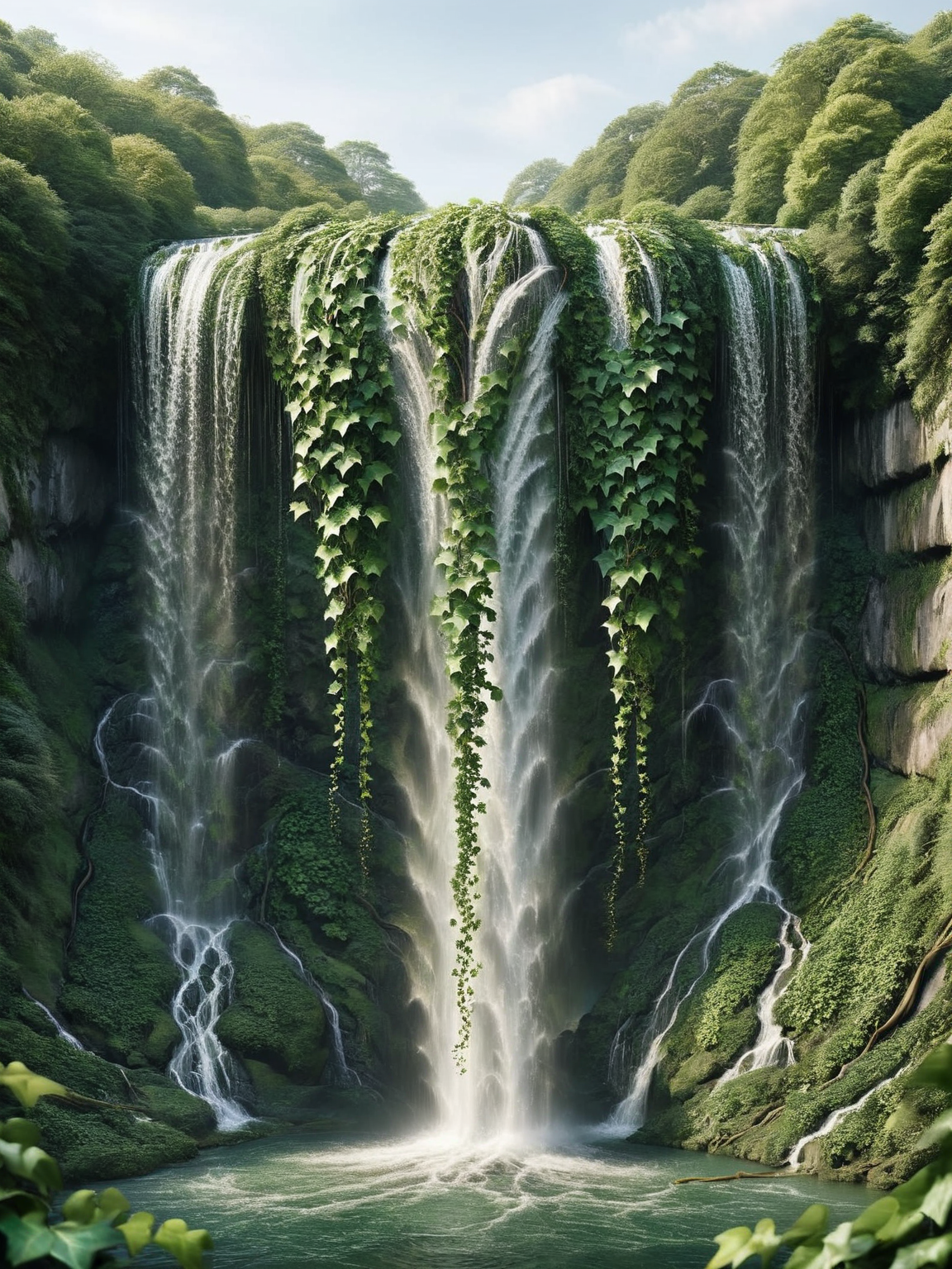 A cascading waterfall, its edges softened by tendrils of ais-ivy <lora:ais-ivy-sdxl:1>