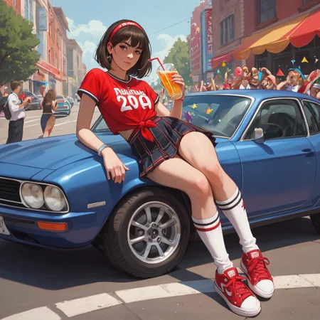 score_9, score_8_up, score_7_up, exquisite photograph of a gorgeous 22 year old BETE NOIRE drinking from a red disposable cup at a pregame party, wearing a very short and sexy flirty skirt with a tied-up jersey, hairband, sneakers with knee high socks, having fun her friends, car parki tailgate, ((party)), ((sporting event parking lot))