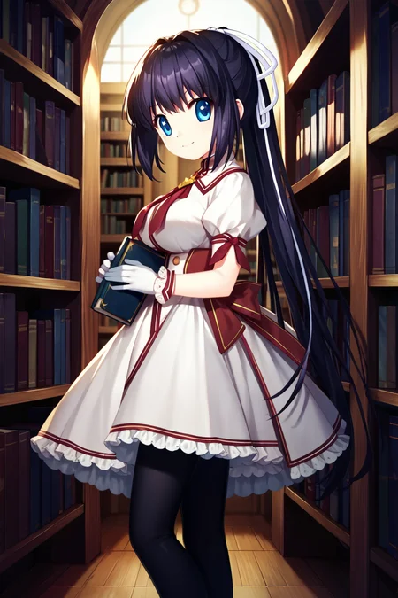 score_9, score_8_up, score_7_up, score_6_up, rating_safe, source_anime, best quality, masterpiece, detailed background, detailed eyes, library, bookshelves, leaning, (looking away), <lora:konohana-lucia-xl-03:1>, konohana lucia, (rewrite uniform), frilled uniform, black stockings, medium breasts, full breasts, white gloves, smile, blue eyes, zettai ryouiki