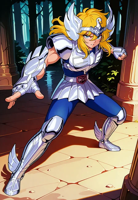 masterpiece, best quality, amazing quality, very aesthetic, absurdres, newest, cygnushyov1, 1boy, blue eyes, slender figure, toned male, swan circlet, silver pauldrons, silver armor, fingerless silver gauntlets, circle plated vambrace, belt, silver tassets, blue pants, silver greaves, blue undershirt, belt buckle, wavy blonde hair, sleeveless, action pose, looking at viewer, full body