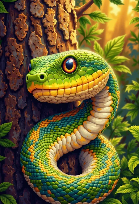 a beautiful green snake winding around a tree trunk, eye contact, sunrise mood