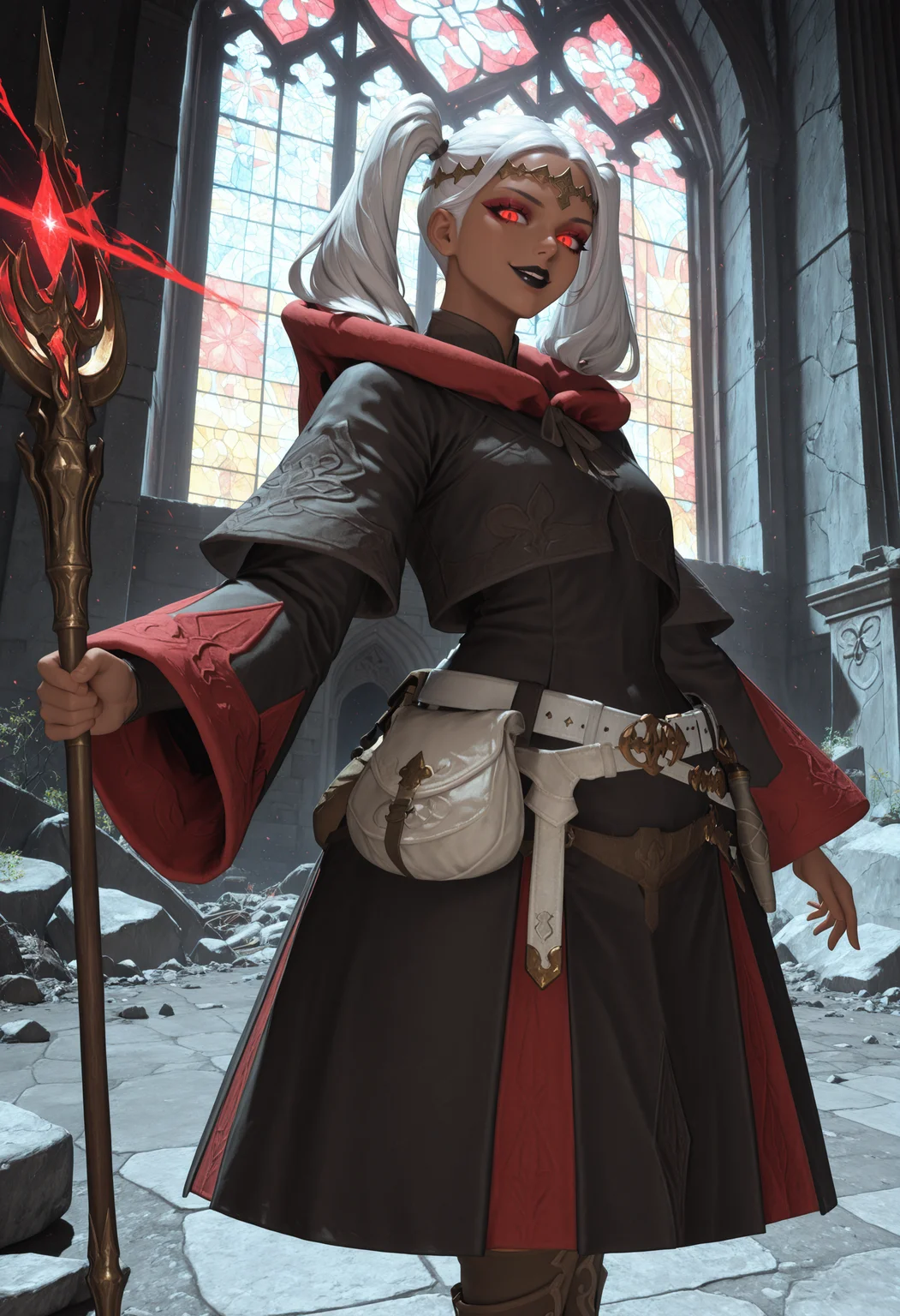 , best quality, absurdres, highres, newest, <lora:cfg_scale_boost:.7>, 1girl, solo , church, stained glass, <lora:WhiteMage_IL:1> whmaf, black robe, white belt, belt pouch, brown boots, gold circlet, hood, hood down, holding staff, dynamic pose, casting spell, looking at viewer, dark-skinned female, night, ruins, white hair, red eyes, naughty face, twintails, black lips, eyeshadow, glowing eyes, cowboy shot,