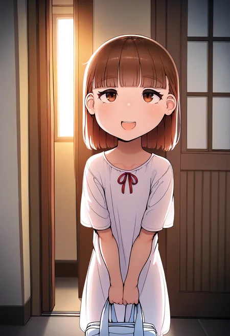 masterpiece, best quality, amazing quality, very aesthetic, absurdres, newest, scenery, volumetric lighting, perfect eyes, ultra detailed,
1girl, child, slender, straight bangs, brown hair, brown eyes, eyebrows,
white dress, tiny ribbon, 
smile, standing, open mouth, holding bag, hands in front,
indoors, house entrance, window, daytime, daylight,
<lora:Abubu_-_Style_LoRA__Illustrious:1.5>
masterpiece, best quality, amazing quality, very aesthetic, absurdres, newest, scenery, volumetric lighting, perfect eyes, ultra detailed,
