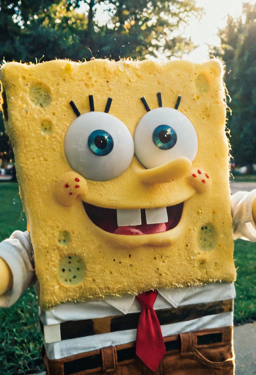 (Masterpiece, Best Quality, Highres:1.2), RAW photo, photorealistic, cinematic lighting, realistic, extremely detailed, dramatic lighting, candid, authentic [candid selfie of spongebob (blue eyes, brown pants, red tie, white shirt, yellow skin) posing for Instagram photo] on a park remarkable colors, ultra realistic, highly detailed, OverallDetail, hyper-detailed hypermaximalist dynamic style,