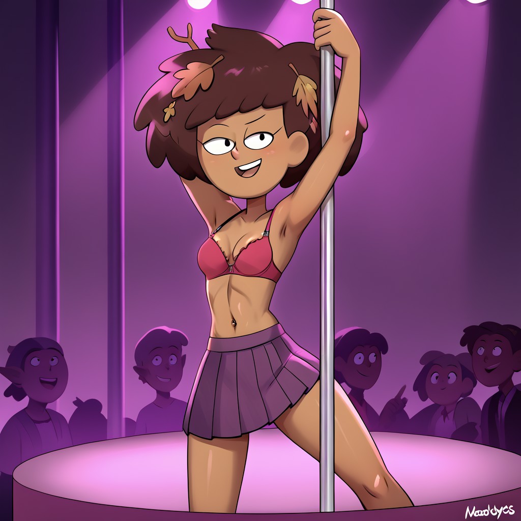 score_9, score_8_up, score_7_up, score_6_up, score_5_up, score_4_up, rating_questionable, perfecteyes, nocunoct, 1 girl, petite, pink bra, shirtless, anneboonchuy, brown hair, dark-skinned female, leaf hair ornament, short hair, stripper, pole dancing, pleated skirt, purple skirt