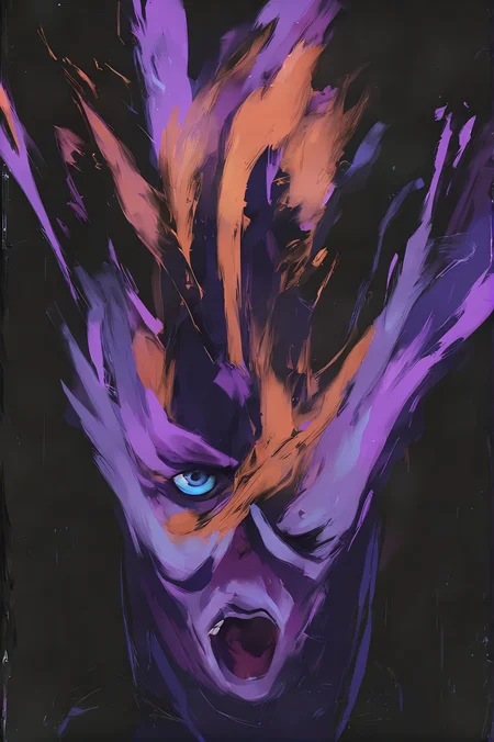 score_9, 
<lora:disco_elysium_v1_pruned:1>, 
de_skill, purple theme, black background, 
1boy, screaming, looking at viewer, facing viewer, long hair, blue eyes, purple skin, 
high resolution, Masterpiece