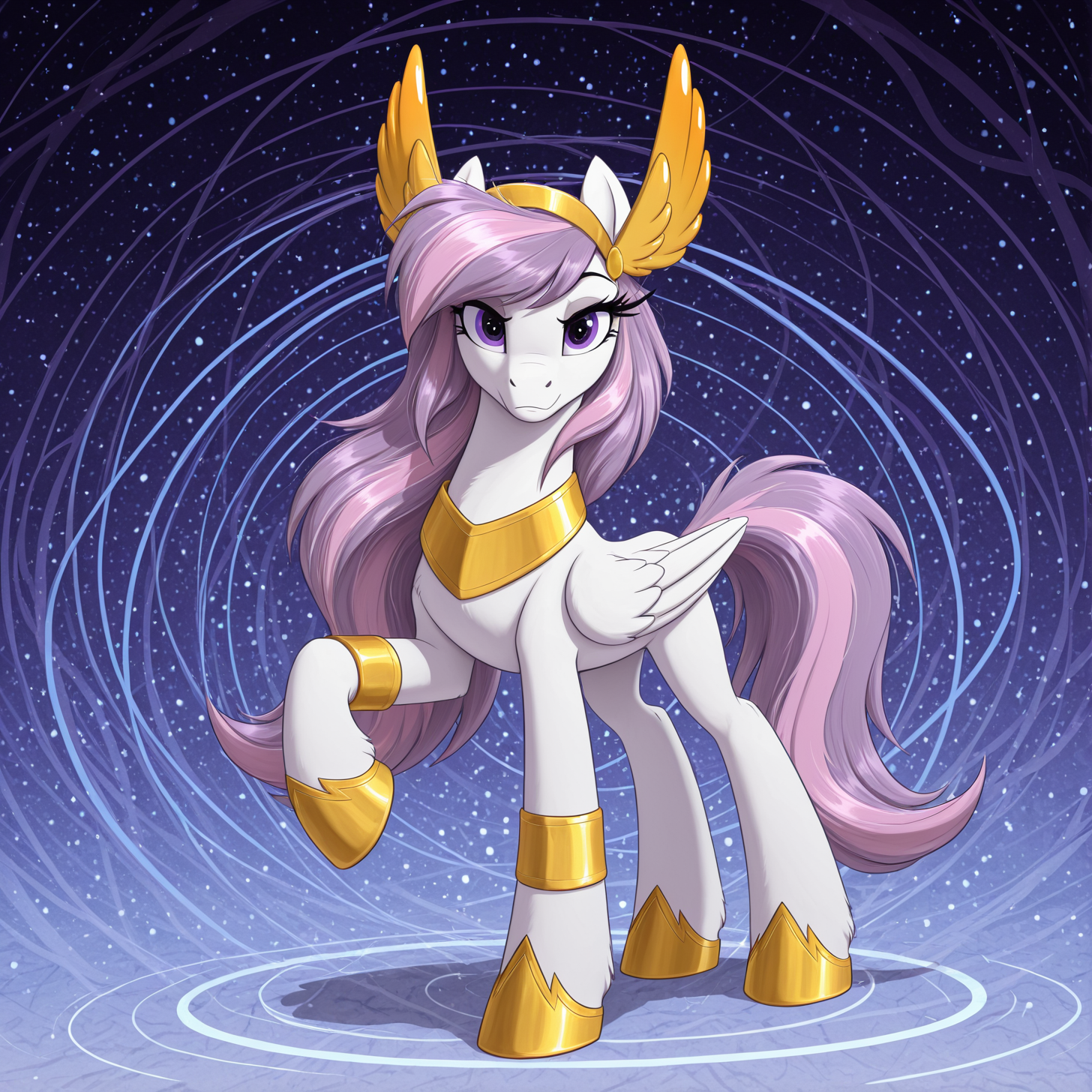 <lora:ocathena_shawn_keller-000009:1> athena, pegasus, white body, purple eyes, pink hair,longer eyelashes,golden rings, golden hoof hind and front hooves