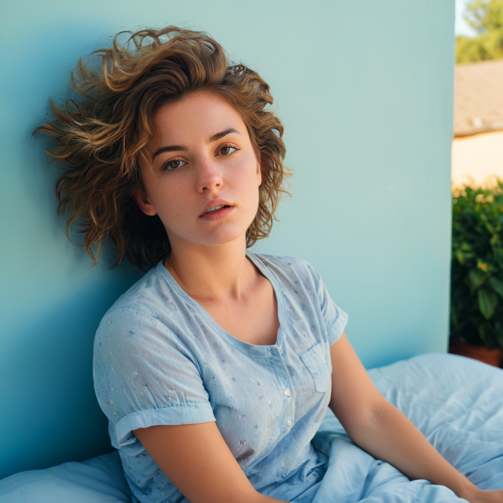 professional portrait photo by Jimmy Marble of a single girl woken up from sleep. The girl has sleepy expression and messy hair. It is summer morning  time and clear weather. cinematic focus on the girl, dynamic pose, dynamic background, dynamic composition, dynamic lighting, realistic proportions, hdr, raytracing, 8k resolution, ultra realistic, photorealistic, extreme detailed, ultra detailed, intricate details, highly detailed atmosphere, highly detailed textures.